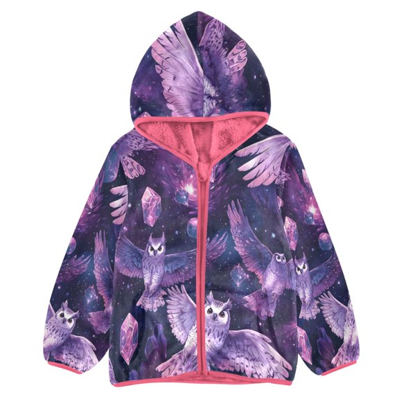 BZSMCE Double-Sided Sherpa Fleece Hooded Zipper Jacket Pink Dreamy Owl Pattern Print Warm Outerwear