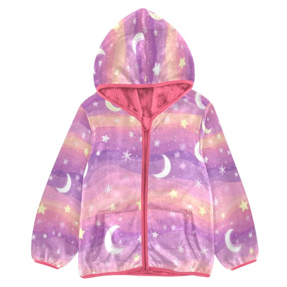 BZSMCE Double-Sided Sherpa Fleece Hooded Zipper Jacket Pink Dreamy Starry Sky Pattern Print Warm Outerwear