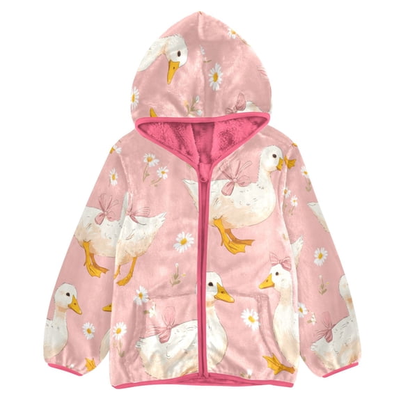 BZSMCE Double-Sided Sherpa Fleece Hooded Zipper Jacket Pink Duck Bow Pattern Print Warm Outerwear