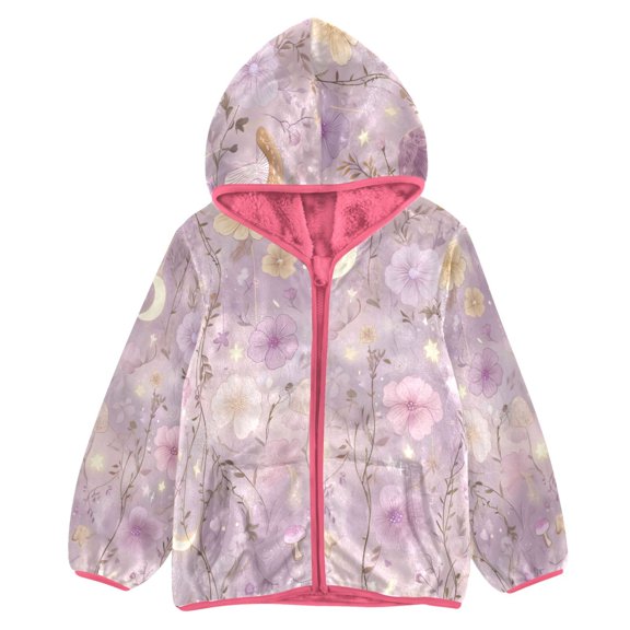 BZSMCE Double-Sided Sherpa Fleece Hooded Zipper Jacket Pink Elegant Purple Flowers Pattern Print Warm Outerwear