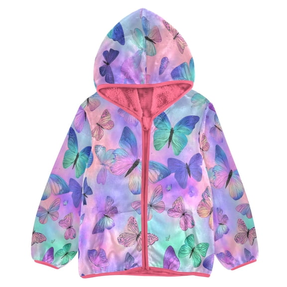 BZSMCE Double-Sided Sherpa Fleece Hooded Zipper Jacket Pink Enchanted Butterfly Pattern Print Warm Outerwear