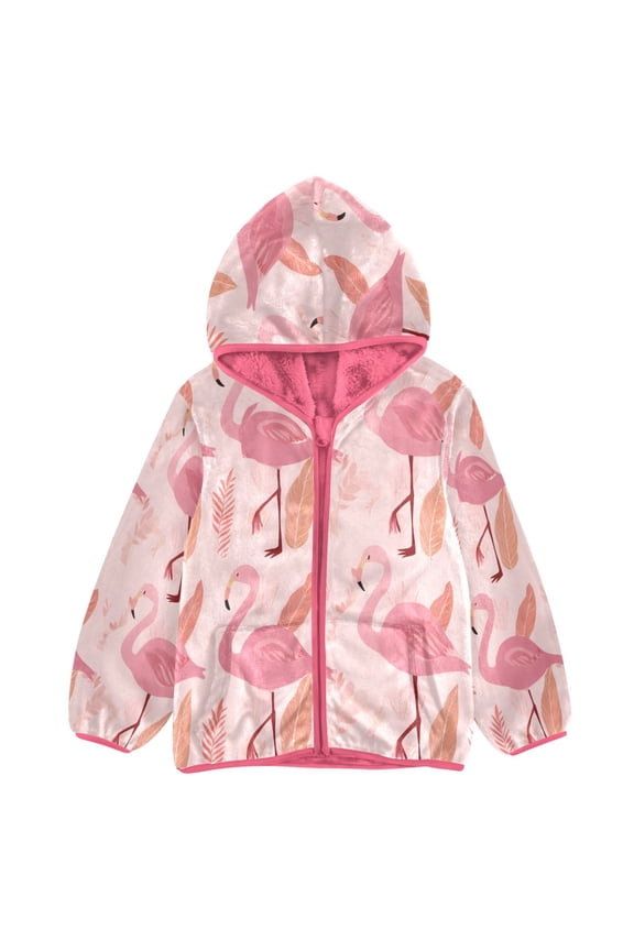 BZSMCE Double-Sided Sherpa Fleece Hooded Zipper Jacket Pink Flamingo Leaves Pattern Print Warm Outerwear
