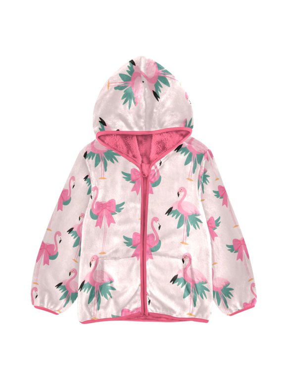 BZSMCE Double-Sided Sherpa Fleece Hooded Zipper Jacket Pink Flamingo Pattern Print Warm Outerwear