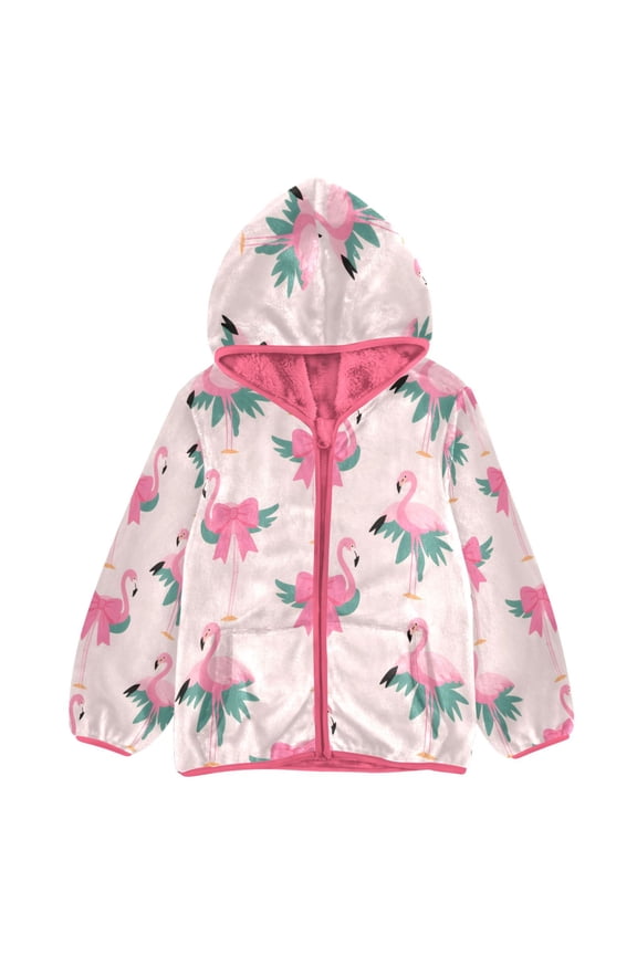 BZSMCE Double-Sided Sherpa Fleece Hooded Zipper Jacket Pink Flamingo Pattern Print Warm Outerwear