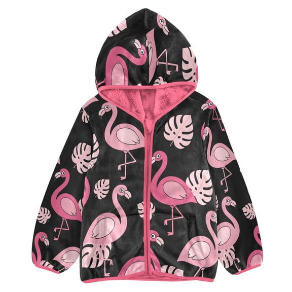 BZSMCE Double-Sided Sherpa Fleece Hooded Zipper Jacket Pink Flamingo Print Warm Outerwear