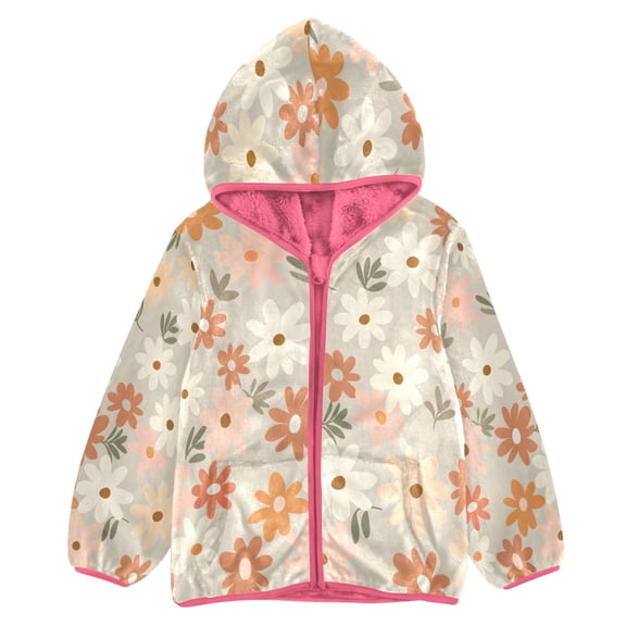 BZSMCE Double-Sided Sherpa Fleece Hooded Zipper Jacket Pink Flower Pattern Print Warm Outerwear