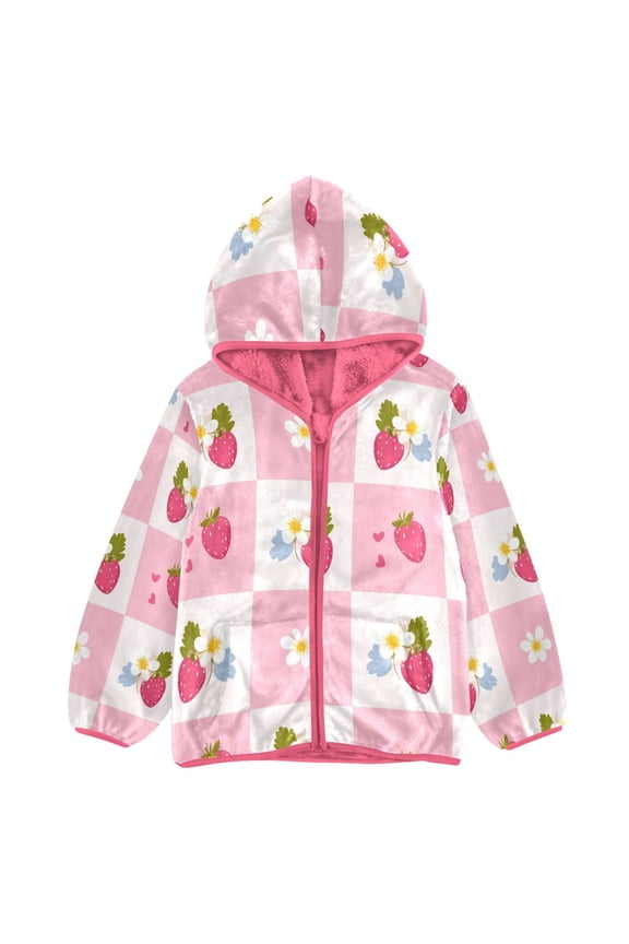 BZSMCE Double-Sided Sherpa Fleece Hooded Zipper Jacket Pink Flower Plaid Strawberry Pattern Print Warm Outerwear