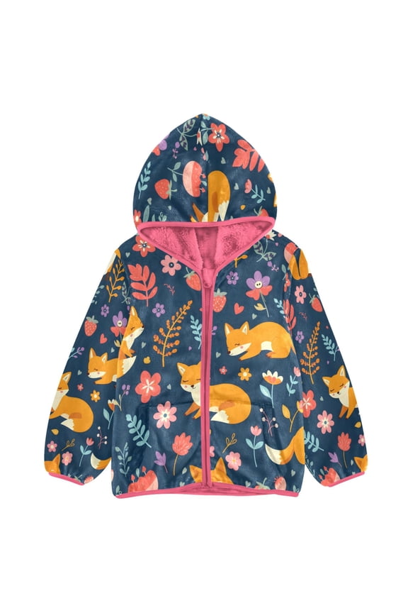 BZSMCE Double-Sided Sherpa Fleece Hooded Zipper Jacket Pink Fox Flower Pattern Print Warm Outerwear