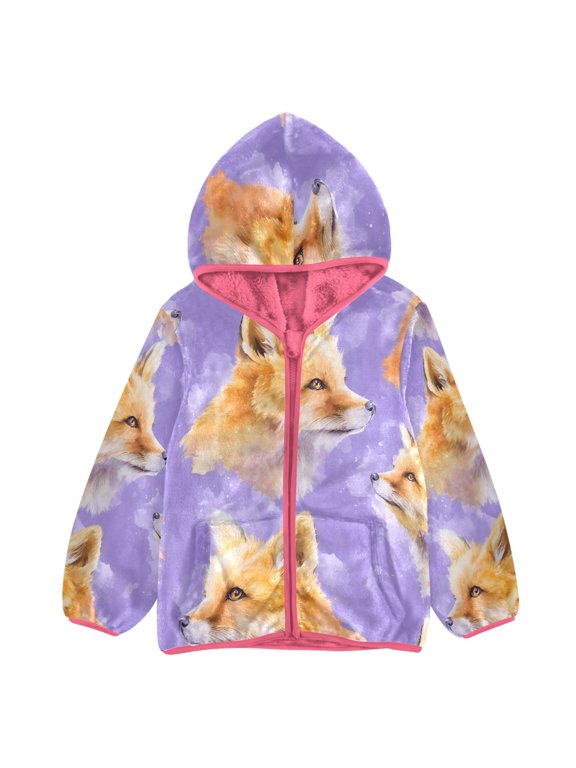 BZSMCE Double-Sided Sherpa Fleece Hooded Zipper Jacket Pink Fox Purple Background Pattern Print Warm Outerwear