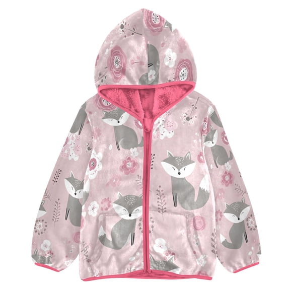 BZSMCE Double-Sided Sherpa Fleece Hooded Zipper Jacket Pink Grey Fox Pattern Print Warm Outerwear