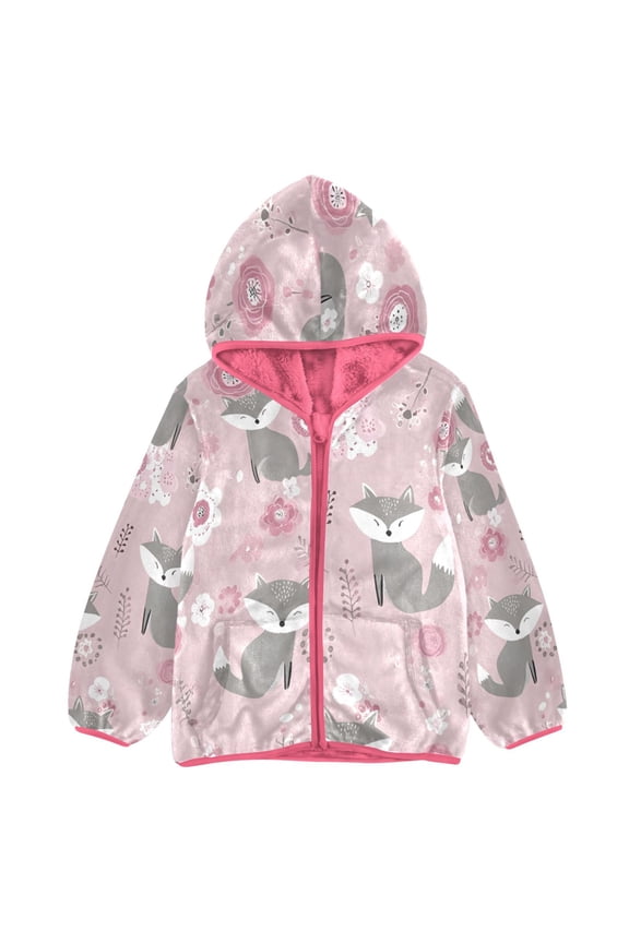 BZSMCE Double-Sided Sherpa Fleece Hooded Zipper Jacket Pink Grey Fox Pattern Print Warm Outerwear