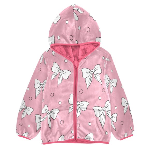 BZSMCE Double-Sided Sherpa Fleece Hooded Zipper Jacket Pink Hand Drawn Bow Pattern Print Warm Outerwear