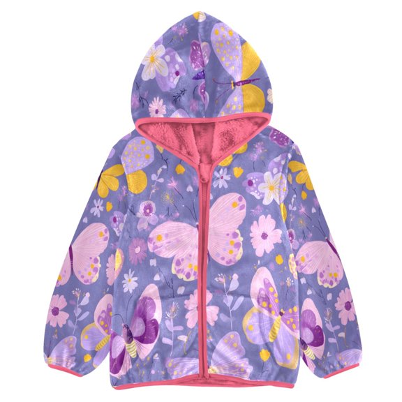 BZSMCE Double-Sided Sherpa Fleece Hooded Zipper Jacket Pink Hand Drawn Butterflies Pattern Print Warm Outerwear