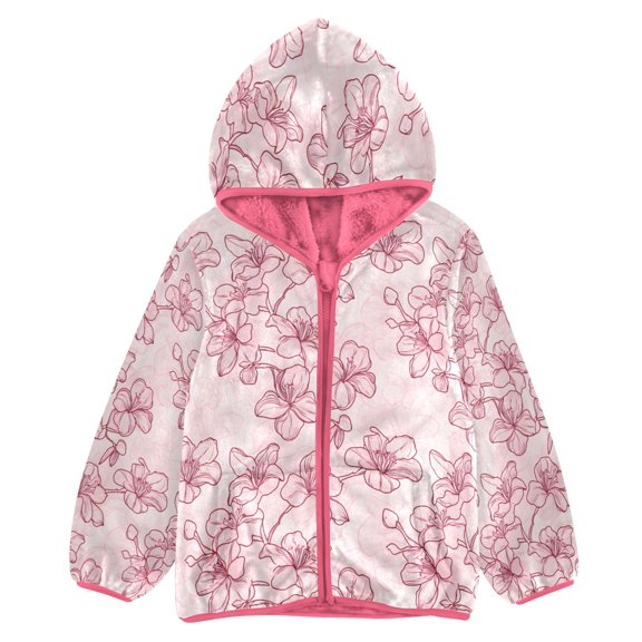 BZSMCE Double-Sided Sherpa Fleece Hooded Zipper Jacket Pink Hand Drawn Cherry Blossom Pattern Print Warm Outerwear