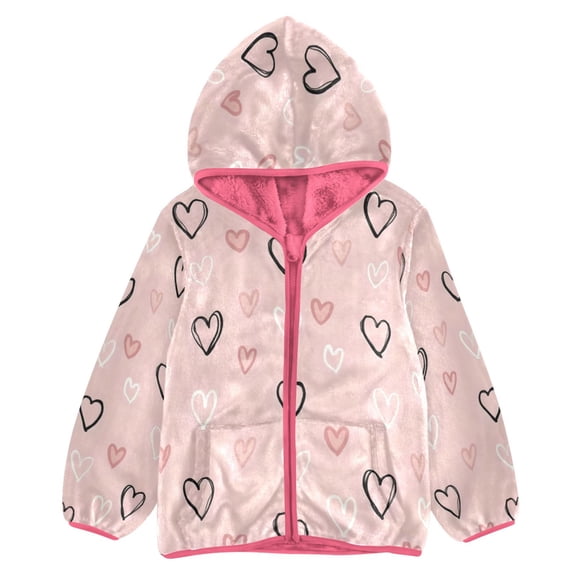 BZSMCE Double-Sided Sherpa Fleece Hooded Zipper Jacket Pink Hand Drawn Love Pattern Print Warm Outerwear