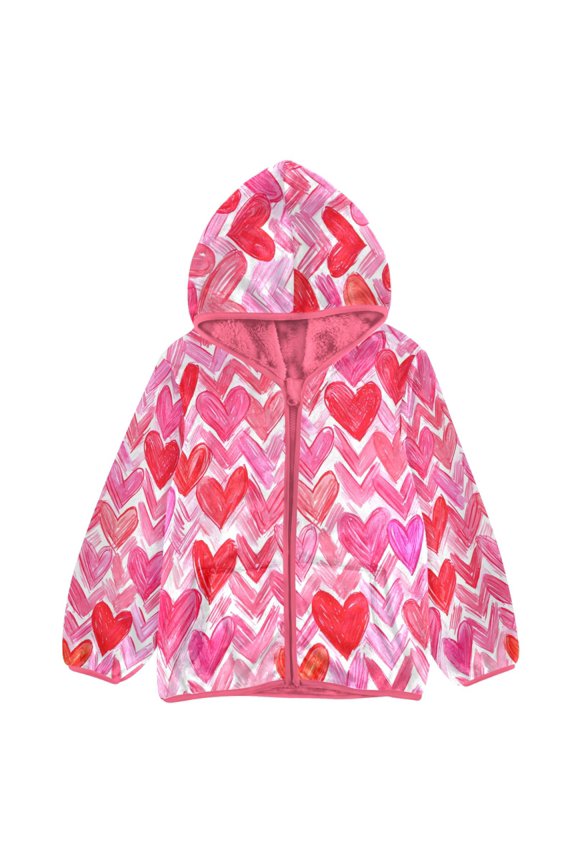 BZSMCE Double-Sided Sherpa Fleece Hooded Zipper Jacket Pink Heart Chevron Pattern Print Warm Outerwear