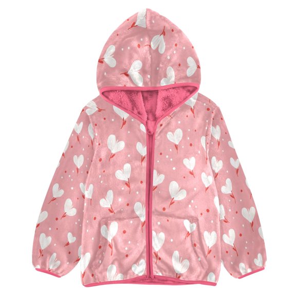 BZSMCE Double-Sided Sherpa Fleece Hooded Zipper Jacket Pink Heart Grass Print Warm Outerwear