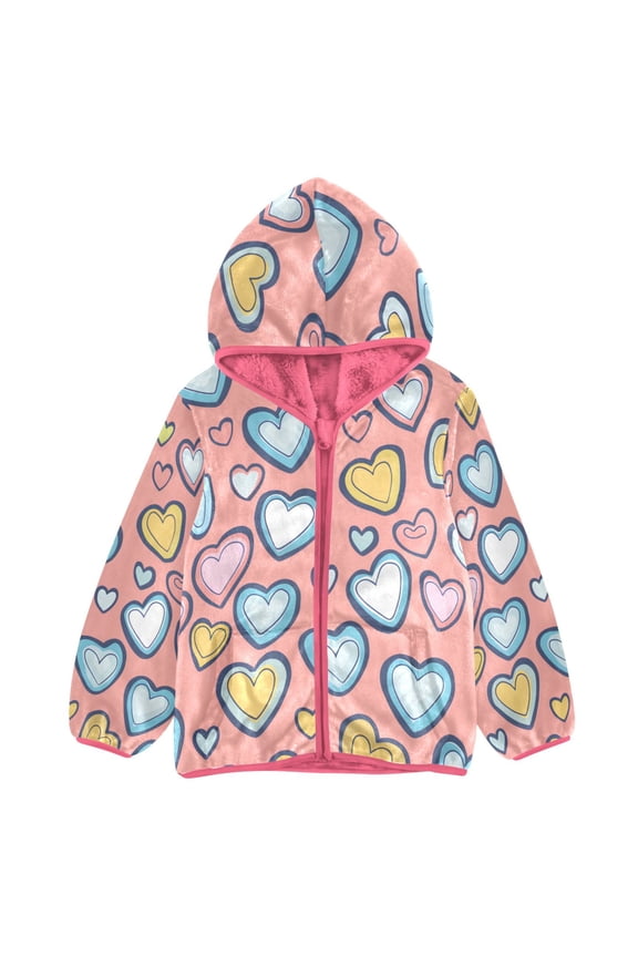 BZSMCE Double-Sided Sherpa Fleece Hooded Zipper Jacket Pink Heart Pattern Print Warm Outerwear