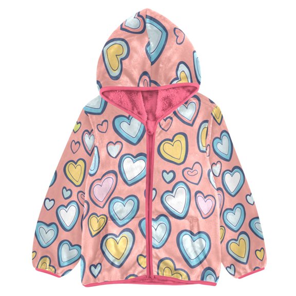 BZSMCE Double-Sided Sherpa Fleece Hooded Zipper Jacket Pink Heart Pattern Print Warm Outerwear