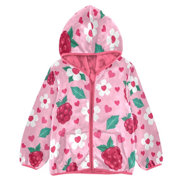 BZSMCE Double-Sided Sherpa Fleece Hooded Zipper Jacket Pink Heart Raspberry Flower Print Warm Outerwear