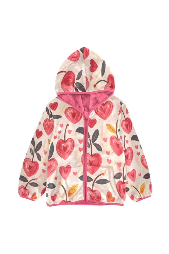 BZSMCE Double-Sided Sherpa Fleece Hooded Zipper JacketPink Heart Shape Cherry Pattern Print Warm Outerwear