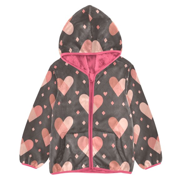 BZSMCE Double-Sided Sherpa Fleece Hooded Zipper Jacket Pink Heart-shaped Grid Pattern Print Warm Outerwear