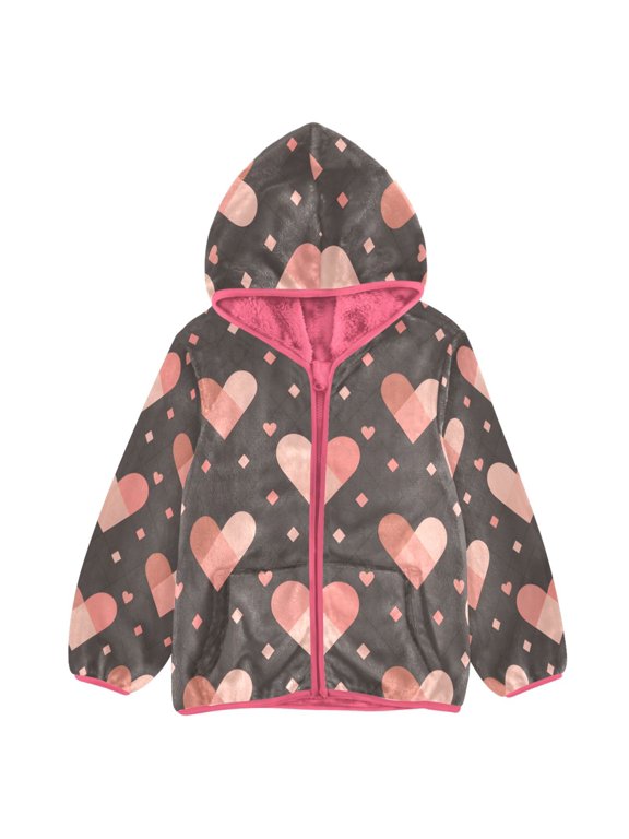 BZSMCE Double-Sided Sherpa Fleece Hooded Zipper Jacket Pink Heart-shaped Grid Pattern Print Warm Outerwear