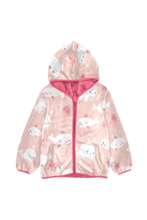 BZSMCE Double-Sided Sherpa Fleece Hooded Zipper Jacket Pink Jellyfish Fish Print Warm Outerwear