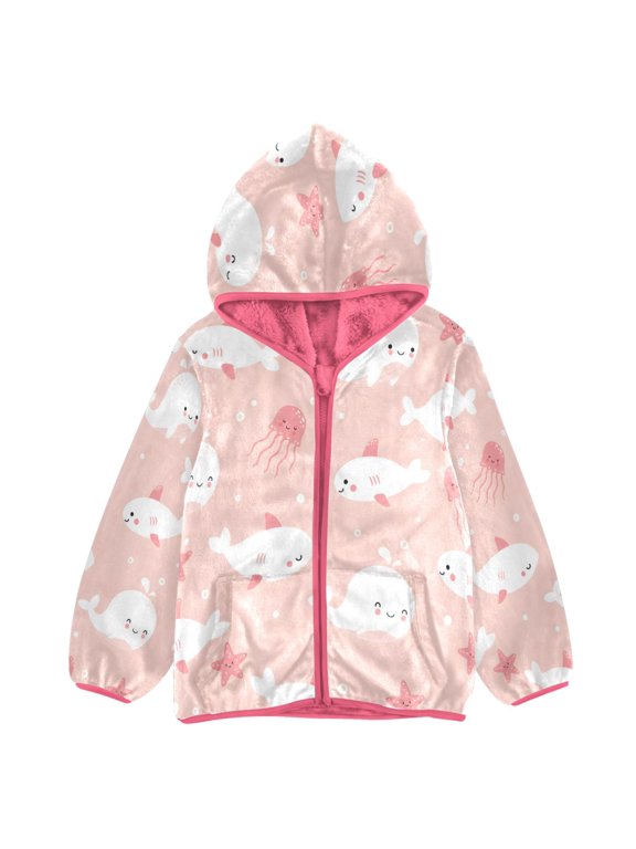 BZSMCE Double-Sided Sherpa Fleece Hooded Zipper Jacket Pink Jellyfish Fish Print Warm Outerwear