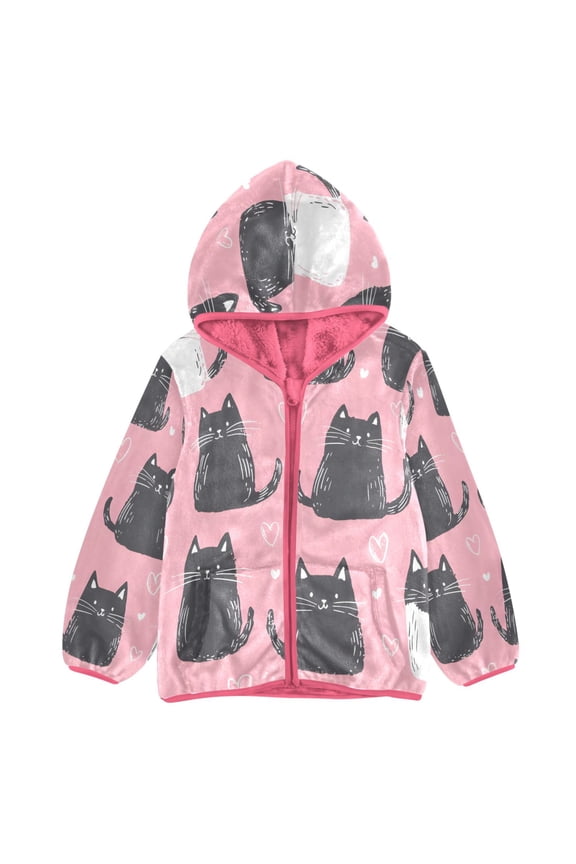 BZSMCE Double-Sided Sherpa Fleece Hooded Zipper Jacket Pink Kitty Heart Pattern Print Warm Outerwear