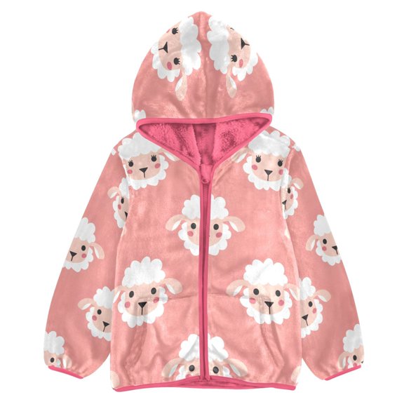 BZSMCE Double-Sided Sherpa Fleece Hooded Zipper Jacket Pink Lamb Pink Pattern Print Warm Outerwear