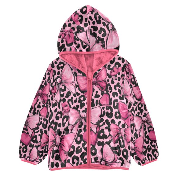 BZSMCE Double-Sided Sherpa Fleece Hooded Zipper Jacket Pink Leopard Background Bow Pattern Print Warm Outerwear