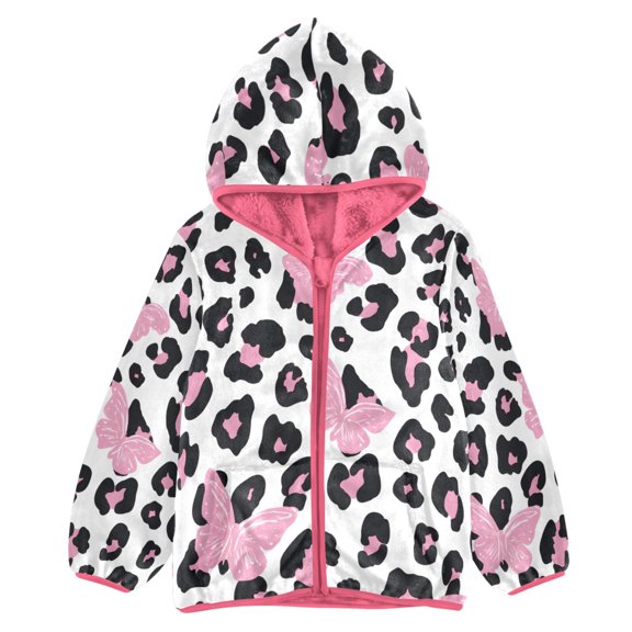 BZSMCE Double-Sided Sherpa Fleece Hooded Zipper Jacket Pink Leopard Butterfly Print Warm Outerwear