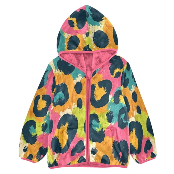BZSMCE Double-Sided Sherpa Fleece Hooded Zipper Jacket Pink Leopard Print Pattern Print Warm Outerwear