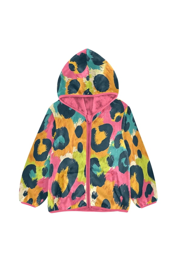 BZSMCE Double-Sided Sherpa Fleece Hooded Zipper Jacket Pink Leopard Print Pattern Print Warm Outerwear