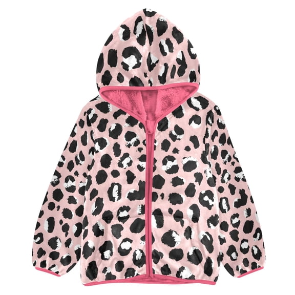 BZSMCE Double-Sided Sherpa Fleece Hooded Zipper Jacket Pink Leopard Print Pattern Print Warm Outerwear