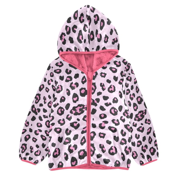 BZSMCE Double-Sided Sherpa Fleece Hooded Zipper Jacket Pink Leopard Print Print Warm Outerwear