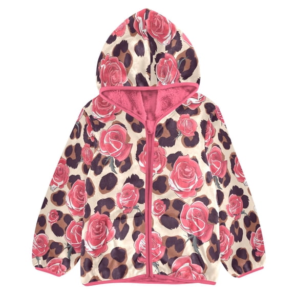 BZSMCE Double-Sided Sherpa Fleece Hooded Zipper Jacket Pink Leopard Print Rose Pattern Print Warm Outerwear