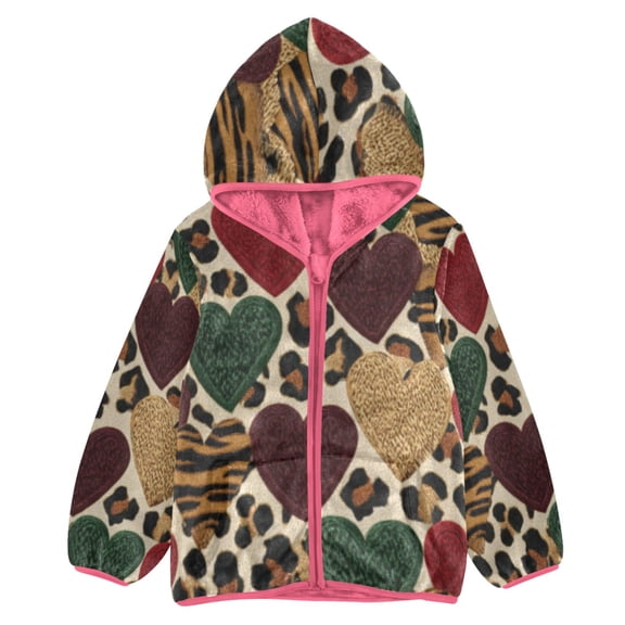 BZSMCE Double-Sided Sherpa Fleece Hooded Zipper Jacket Pink Leopard & Ruby Hearts Print Warm Outerwear