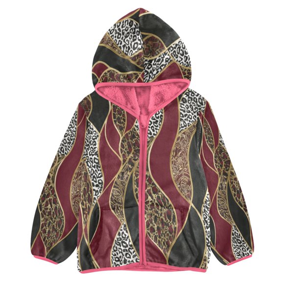 BZSMCE Double-Sided Sherpa Fleece Hooded Zipper Jacket Pink Leopard Wavy Print Warm Outerwear