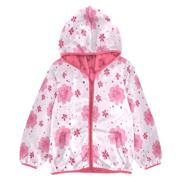 BZSMCE Double-Sided Sherpa Fleece Hooded Zipper Jacket Pink Lightpinkcherryblossoms Pattern Print Warm Outerwear
