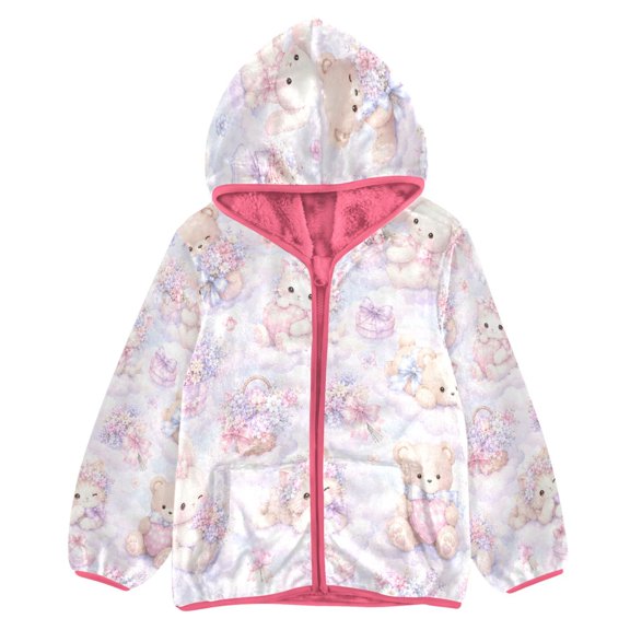 BZSMCE Double-Sided Sherpa Fleece Hooded Zipper Jacket Pink Little Bear Rabbit and Cloud Pattern Print Warm Outerwear