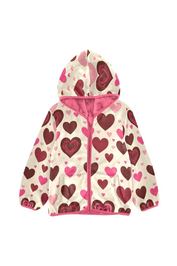BZSMCE Double-Sided Sherpa Fleece Hooded Zipper Jacket Pink Love Pattern Print Warm Outerwear