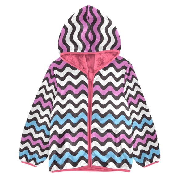 BZSMCE Double-Sided Sherpa Fleece Hooded Zipper Jacket Pink Multicolor Wavy Lines Pattern Print Warm Outerwear
