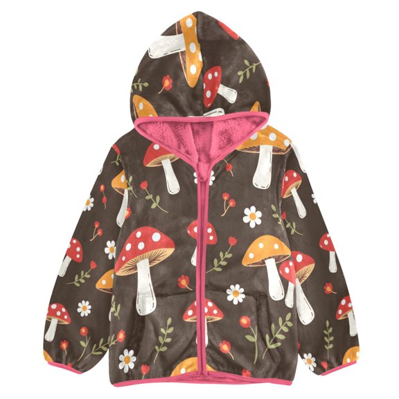 BZSMCE Double-Sided Sherpa Fleece Hooded Zipper Jacket Pink Mushroom Pattern Print Warm Outerwear
