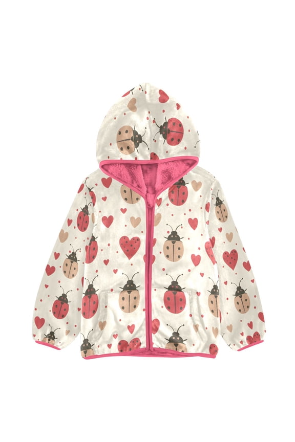 BZSMCE Double-Sided Sherpa Fleece Hooded Zipper Jacket Pink Off-white Red Ladybug Heart Pattern Print Warm Outerwear