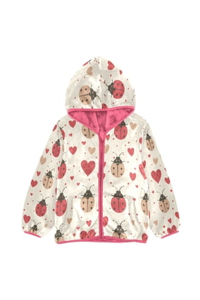 BZSMCE Double-Sided Sherpa Fleece Hooded Zipper Jacket Pink Off-white Red Ladybug Heart Pattern Print Warm Outerwear