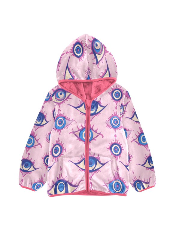 BZSMCE Double-Sided Sherpa Fleece Hooded Zipper Jacket Pink Open Eyes Blue and Pink Pattern Print Warm Outerwear
