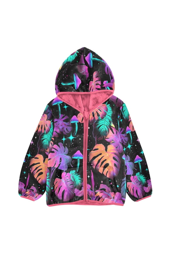 BZSMCE Double-Sided Sherpa Fleece Hooded Zipper Jacket Pink Palm Leaf Monstera Pattern Print Warm Outerwear