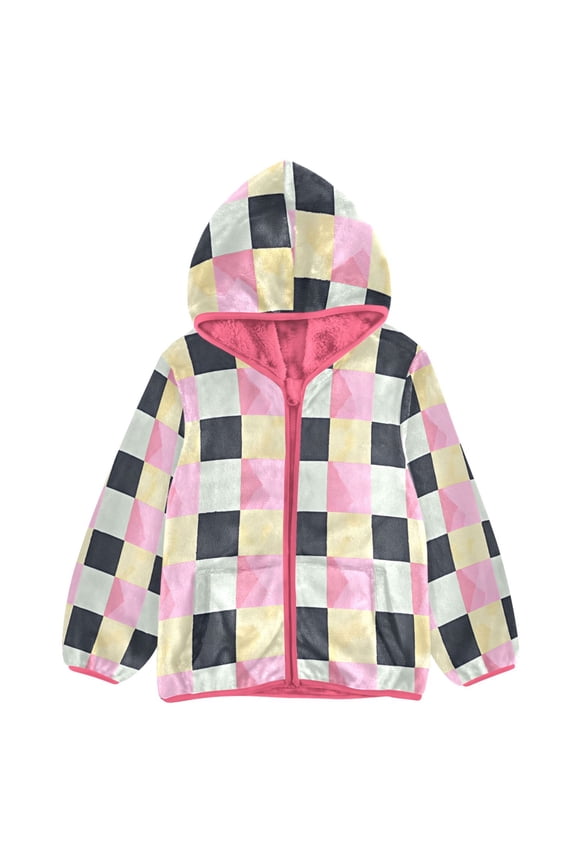 BZSMCE Double-Sided Sherpa Fleece Hooded Zipper Jacket Pink Pastel Check Pattern Print Warm Outerwear